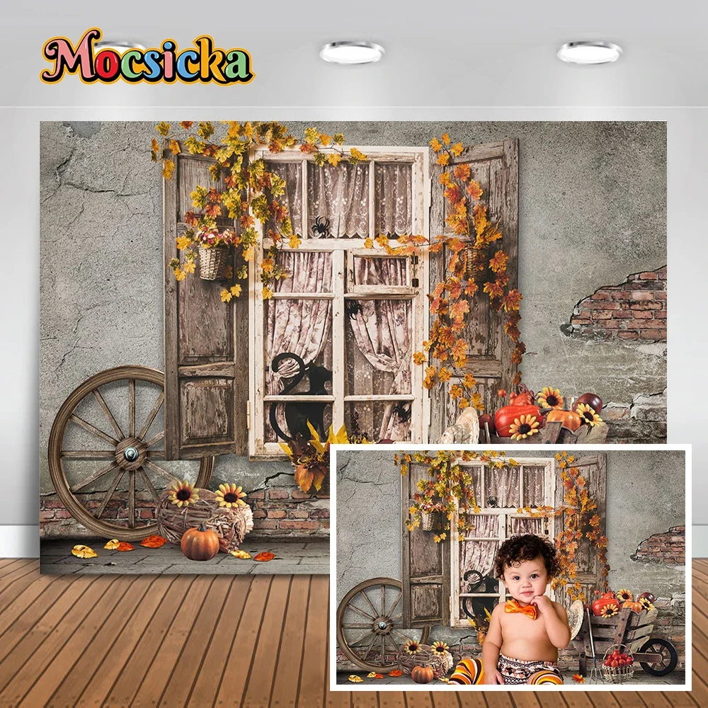 Wooden House Pumpkin Autumn Forest Fruit Baby Shower Photography Background Child Family Photocall Backdrop Banner Photo Studio