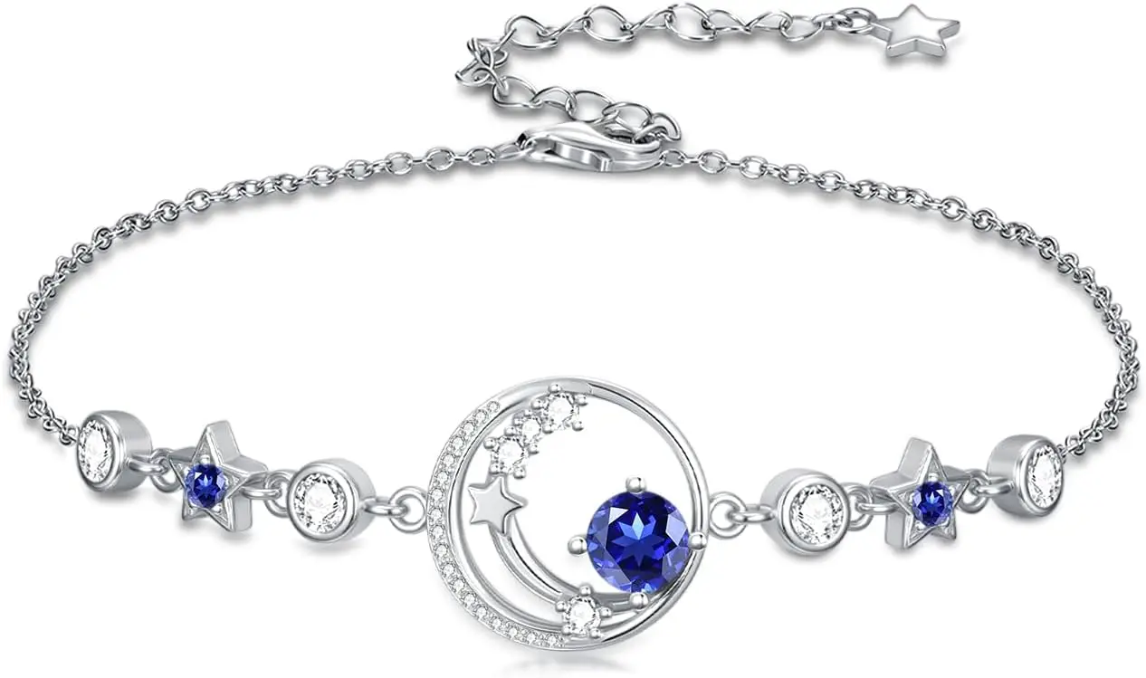 Moon and Star Birthstone Charm Link Bracelet 925 Sterling Silver Moon and Star Bracelet with 12 Months Birthstone Birthday Jewel