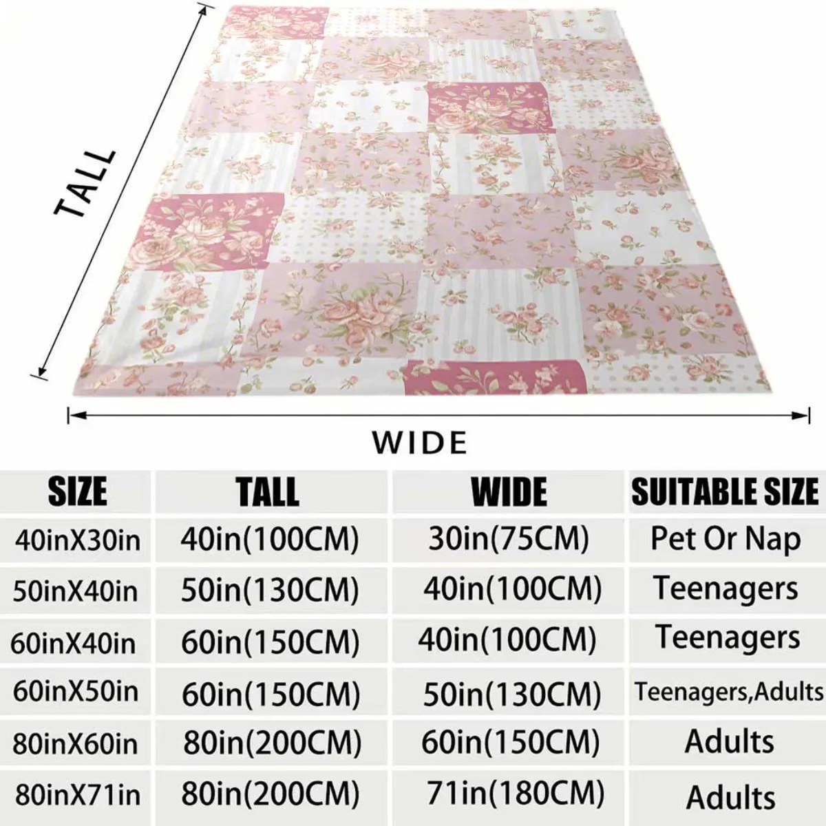 Patchwork Plaid Pink Rose Floral Polka Dot Stripe White Base Flannel Throw Blanket, Soft Warm Sofa Cover, Shabby Chic Bedroom