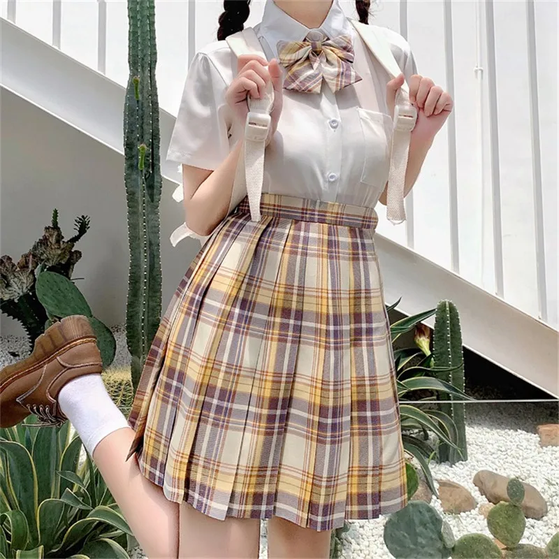 黄色のjk制服セット,プリーツスカート,カワイイ,韓国の女の子のスーツ,seifuku,日本の制服,市松模様のスカート,女性のjkユニフォーム