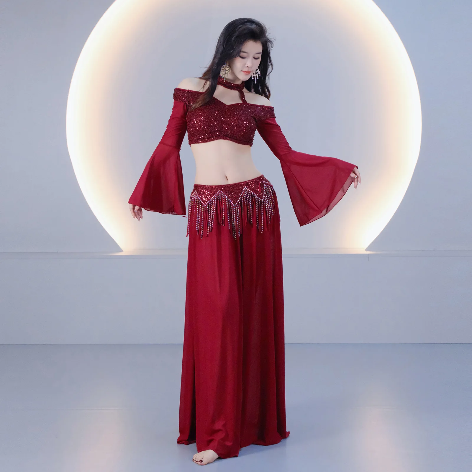 

Original Belly Dance Costume Set - Light Luxury Practice Outfit with Fringe & Rhinestone, Group Performance Team Wear for Women