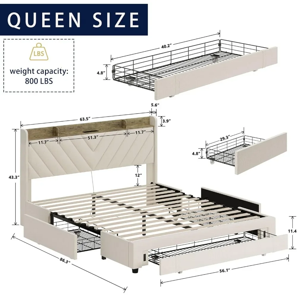 Estructura de cama tamaño Queen con cabecera, estructura de cama con plataforma tapizada con 3 cajones de almacenamiento debajo de la cama, estación de carga USB y tipo C