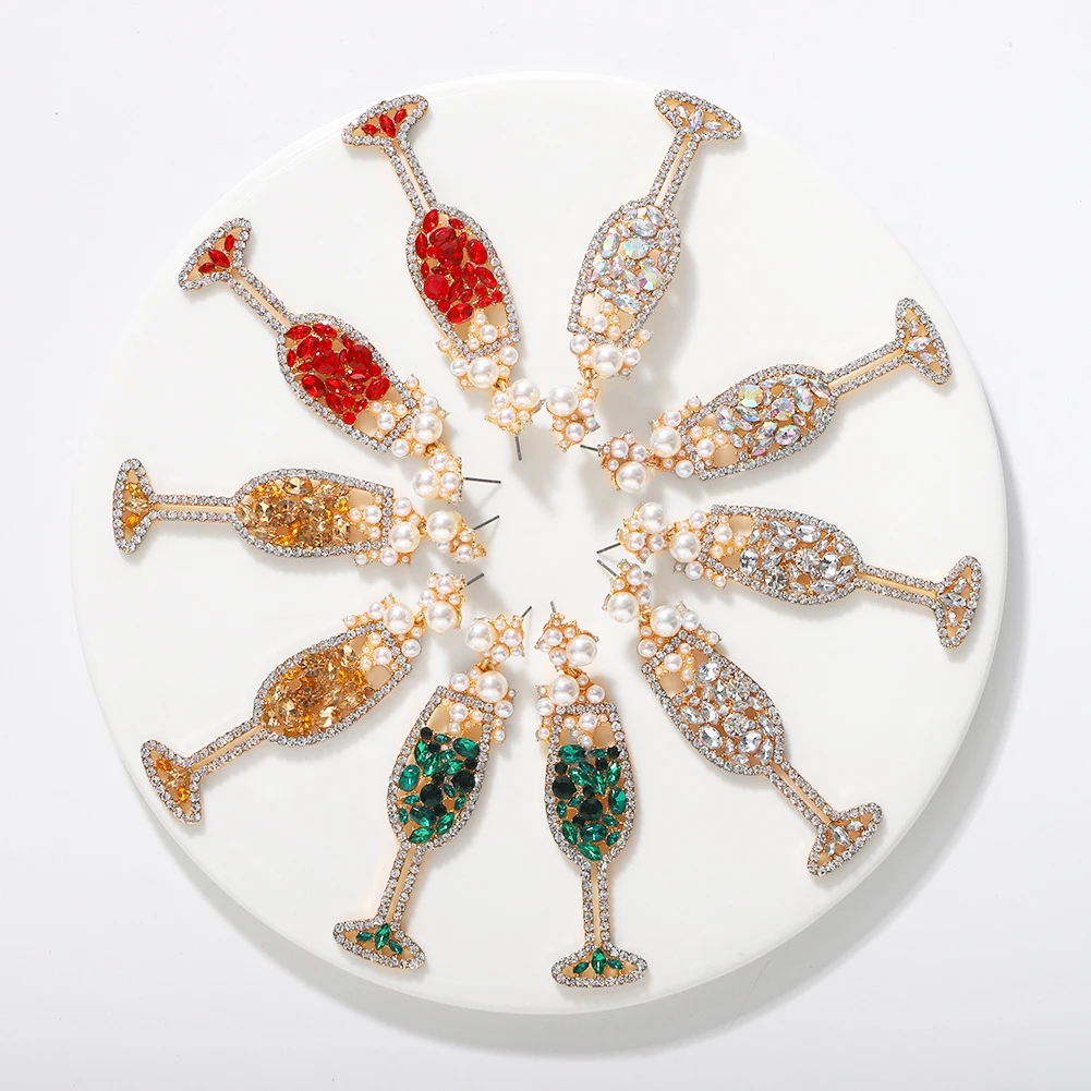 

Fashion Jewelry Pearl Rhinestone Alloy Wine Glass Pendant Earrings