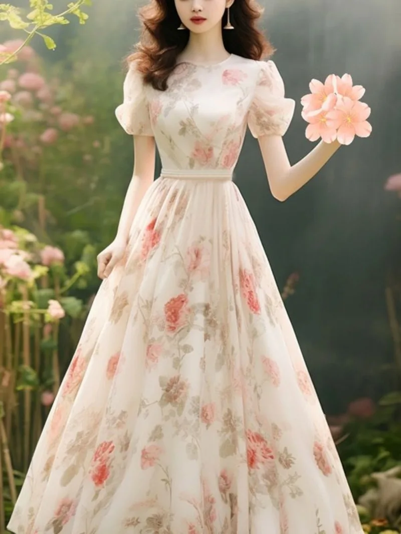 새로운 고급스러운 파티 드레스 여성 슬림 웨이스트 반팔 O넥 플로럴 A라인 패션 롱 드레스 오피스룩 베스티도스