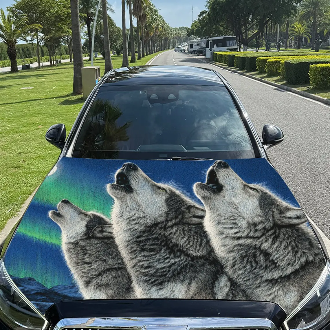 Car Decals Three Wolves Howling Against A Backdrop With Colorful, Aurora - Like Patterns Car Hood Sticker, Waterproof Self - Adh