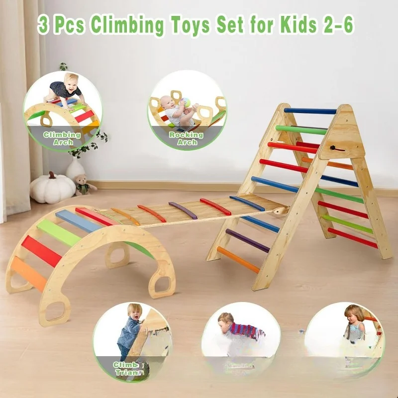 Kids Combo Rainbow Slide Triangle Set Collapsible Triangle Ladder with Ramp and Arch Rocker Wooden Ramp