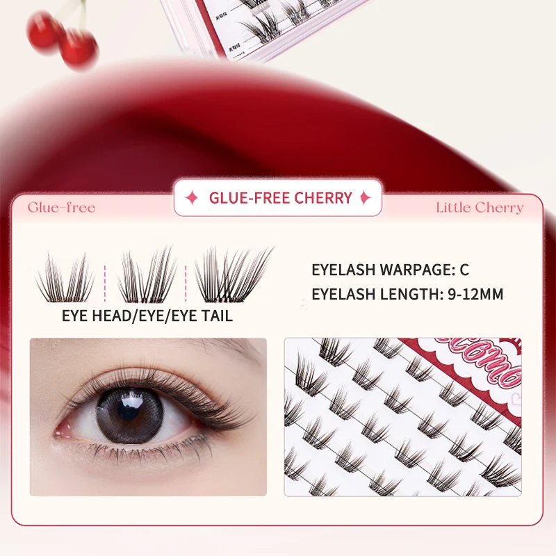 Cílios postiços GECOMO Little Cherry sem cola em marrom, com curva natural de bebê, aparência grossa e densa na câmera