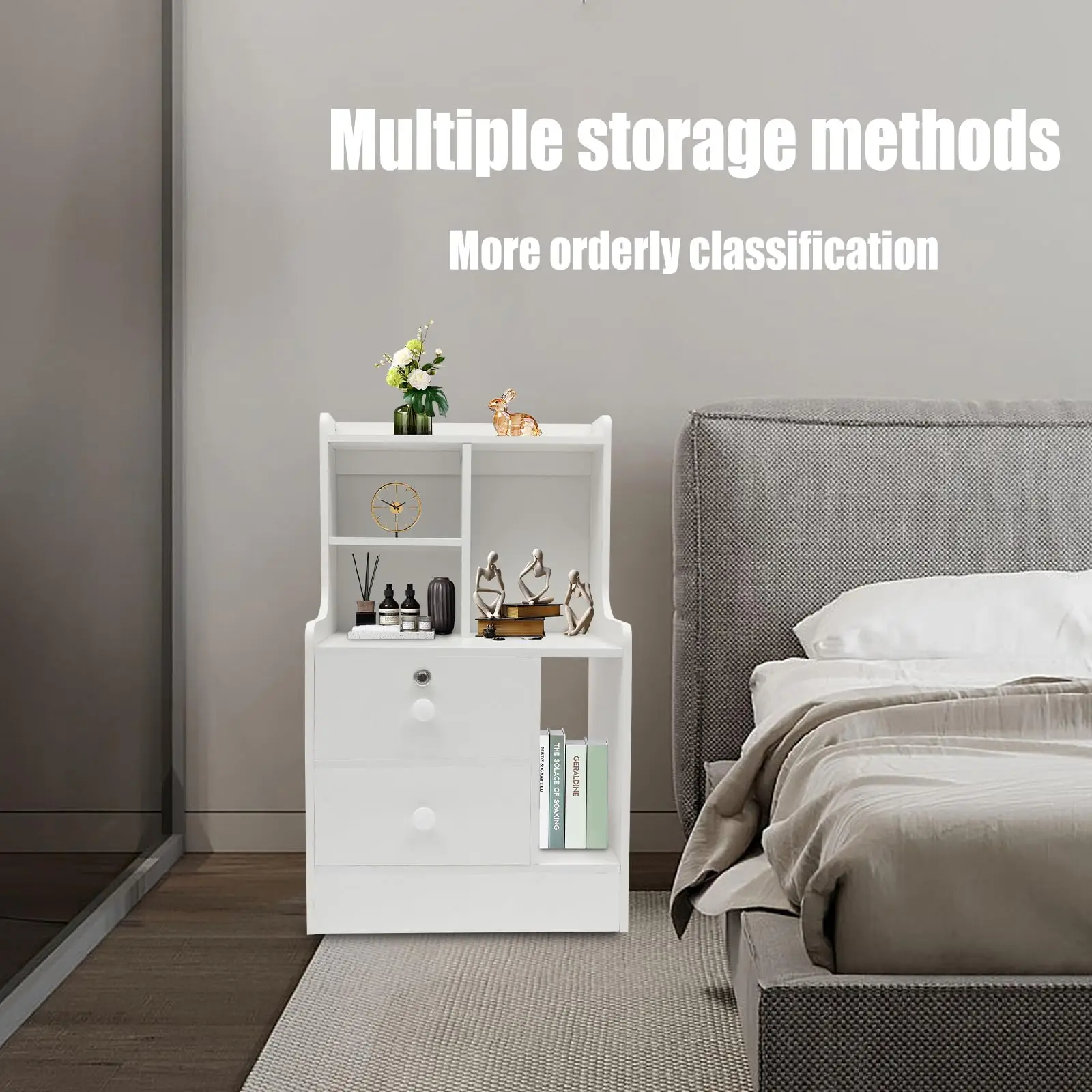 طاولة بجانب السرير باللون الأبيض الدافئ مع أدراج قفل ورف تخزين مفتوح لغرفة نوم المكتب