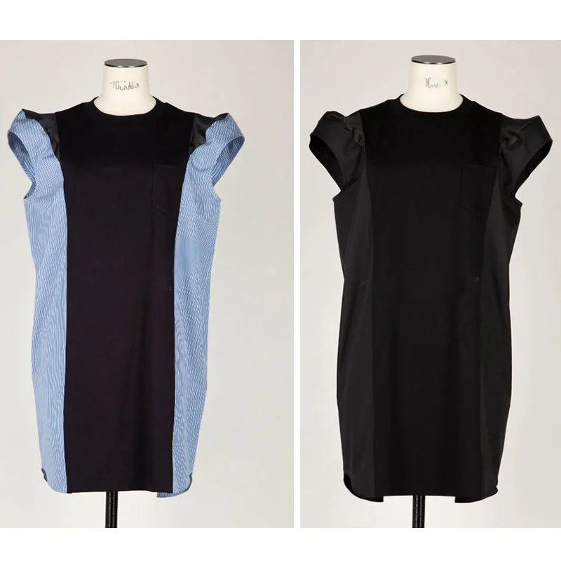 

Japanese Sle FOG SACAI round Ne ort Sve Dr Contrast Stripe Design Summer Commuter Loose Fit Cotton Polyester
