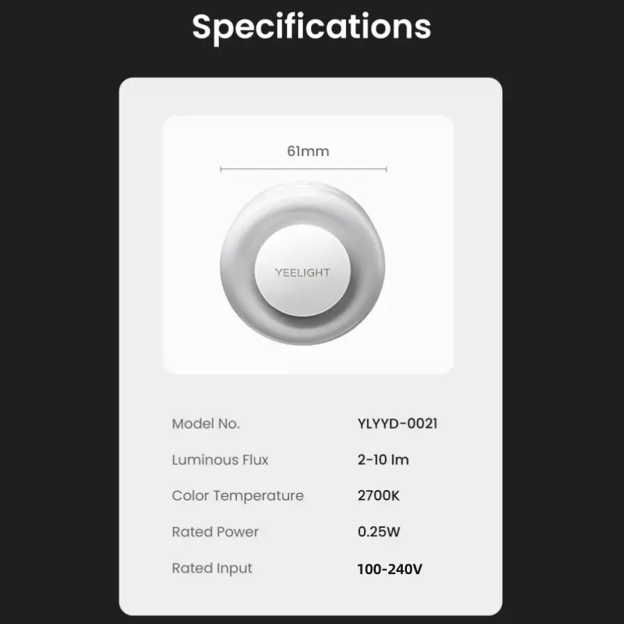 إضاءة ليلية استشعارية من Yeelight، لون أبيض دافئ 2700K، كفاءة طاقة فائقة 0.25 واط، قابس EU، 110-240 فولت - 6