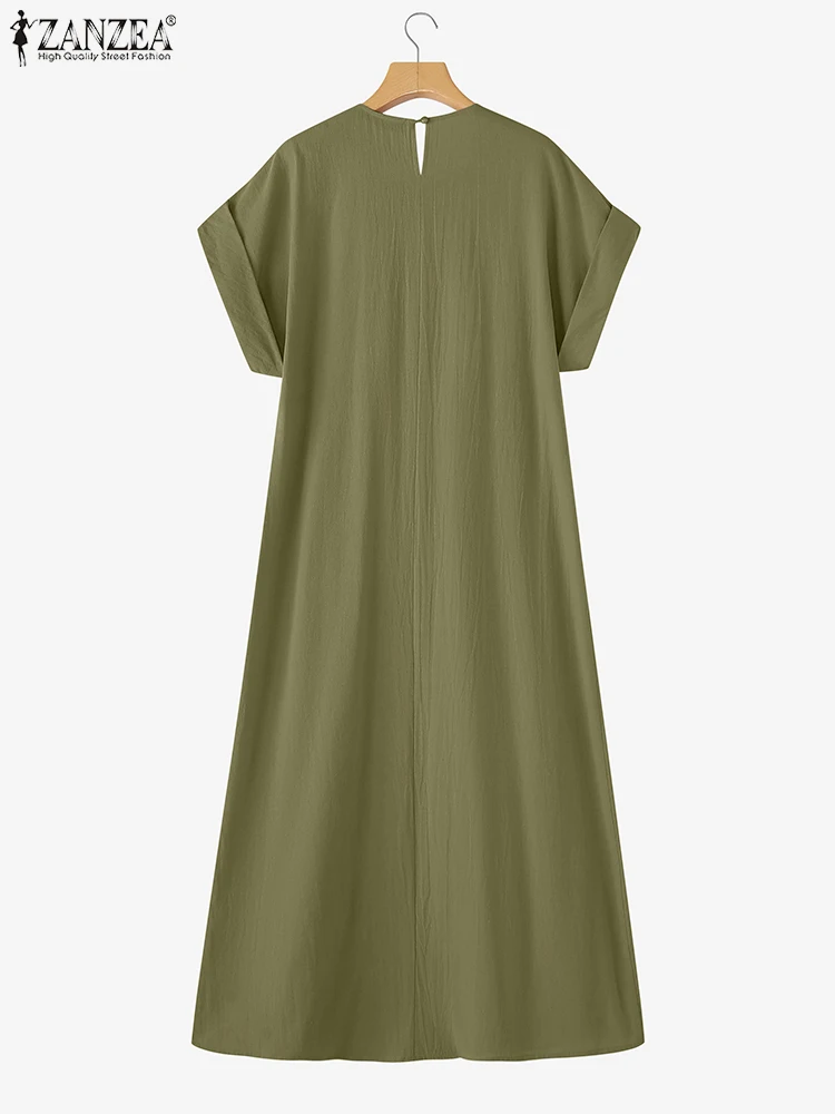 2023 ZANZEA Sommer Kleid Stilvolle Frauen Lose Kleider Casual O Hals Kurzarm Sommerkleid Solide Gefaltete Lange Robe Arbeit Vestidos