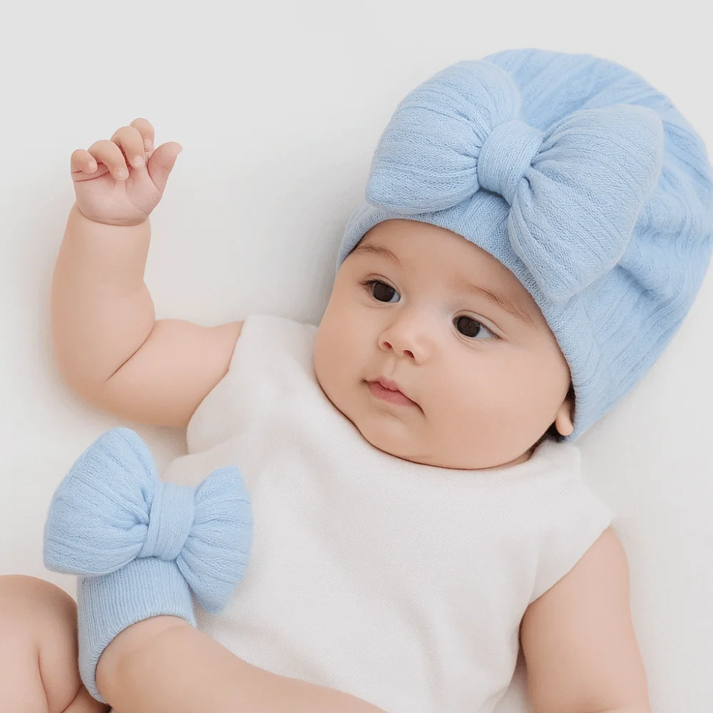 Cotton Knit Baby Hat Socks Set Big Bowknot Elastic Baby Bow Fetal Cap 0-12 Months Warm Newborn Turban Hat Home/Outdoor