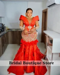 Luxury Red Mermaid Evening Dresses Long Sleeves Bead Diamond Pearls Feathers Birthday Dress Formal Prom Party Aso Ebi Customized