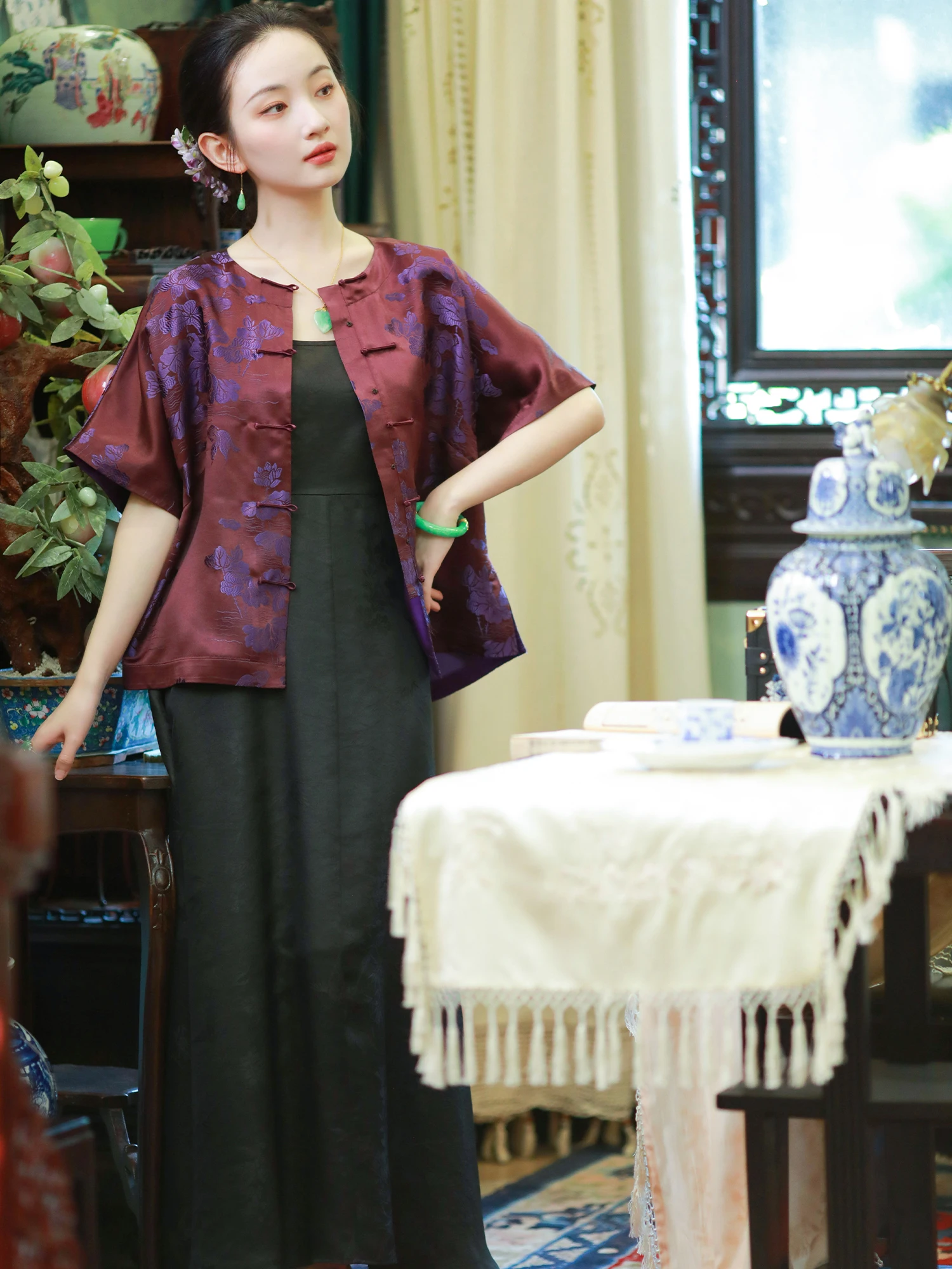 

Круглый топ на пуговицах в стиле ретро с шелковой вышивкой Ne, женская модная китайская круглая блузка свободного покроя Ne ort Sve