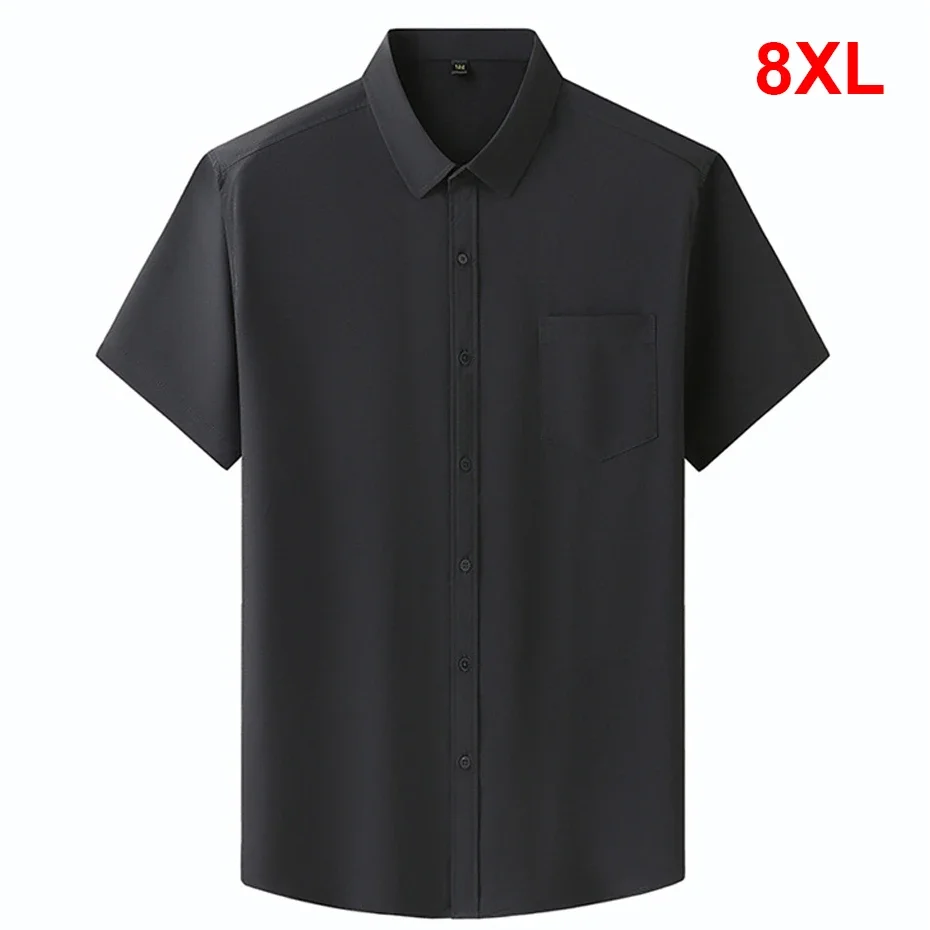 8XL Plus Size Shirts Men Solid Color Shirts Summer Short Sleeve Shirts Black White Fashion Casual Tops Blouse 8 Color