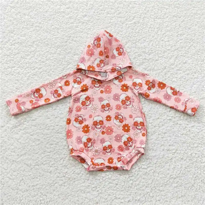 Orange Floral Skull Hooded Long Sleeve Bodysuit