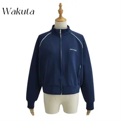 WAKUTA  American Retro Stand Up Collar Long Sleeved Coat Women's Design Sense Letter Embroidery Loose Casual Zipper Cardigan Top