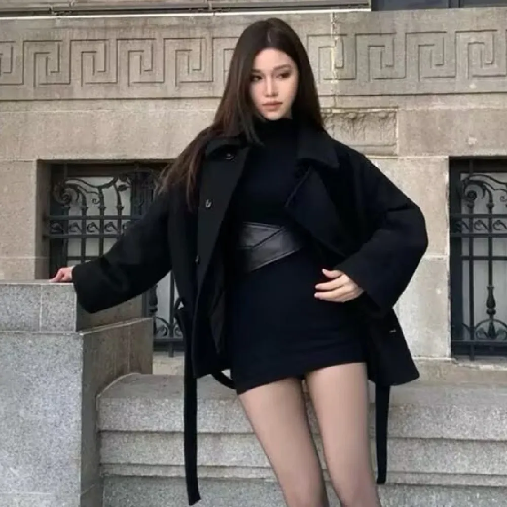 Autumn Winter Sexy Half High Collar Package Hips Long Sleeve Mini Dress Women Slim Leather Sashes Napping Bodycon Vestidos Black