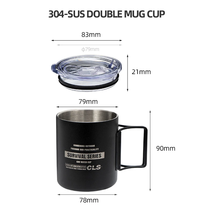 320ML Camping Folding Handle Cup 304 Stainless Steel Water Cup Travel Beer Coffee Mug Tea Milk Double Layer Cup Drinkware