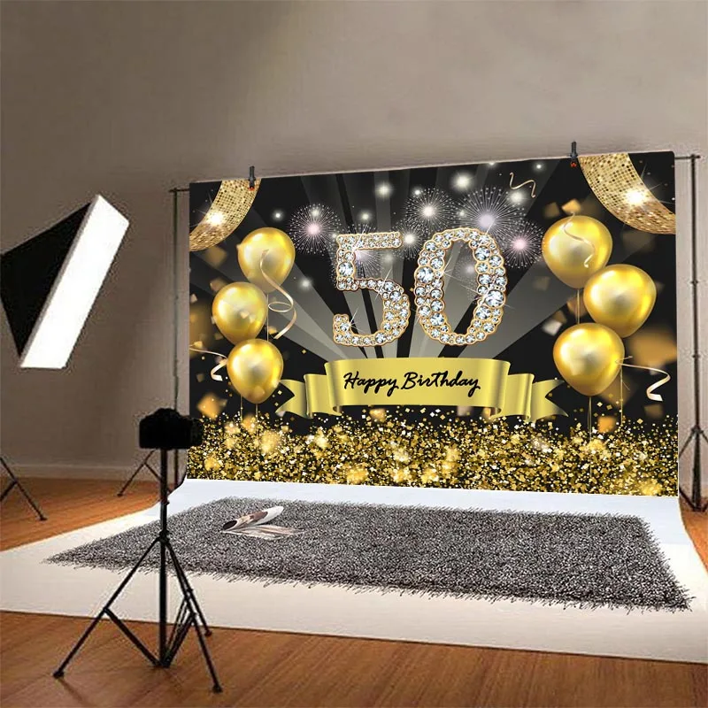 50th Birthday Backdrop Black Gold Glitter Men Women 50 Years Old Birthday Party Photography Background Photo Booth Props