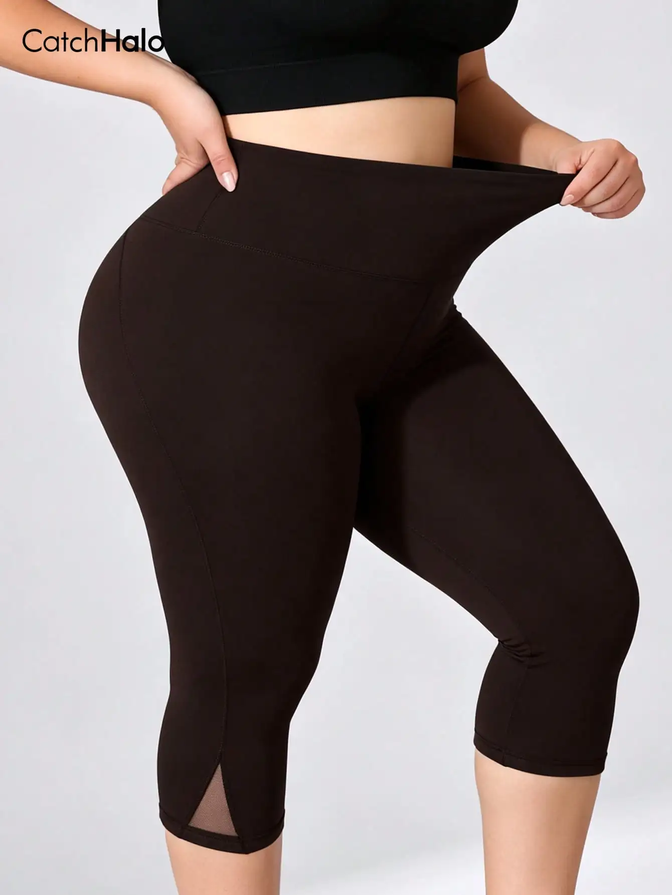 Plus Size Gym Leggings Women Mesh Yoga Pants High Waist Capri Workout Tights Side Slit Running Fitness Cropped Pants view 2