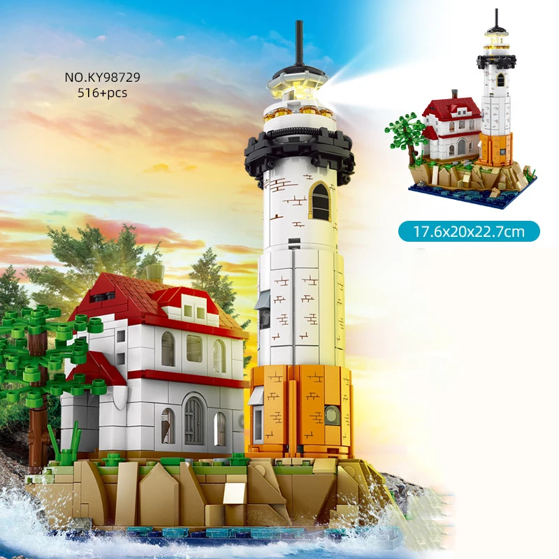 

Creative MOC Building Block Street View Sunset Glow Lighthouse Model Brick Educational Toy Collection With Light For Kids Gifts