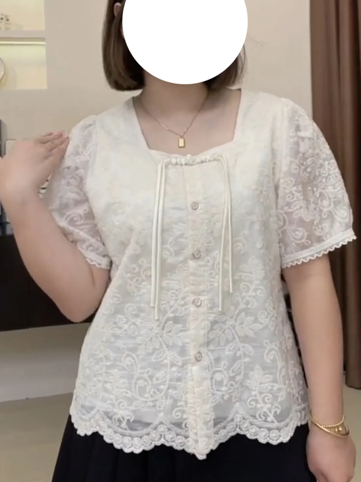 

plus Size Chinese Style Button Short Sleeve Lace Shirt Women Summer Fashion Slimming High End Feelings Commute Style Loose Fit