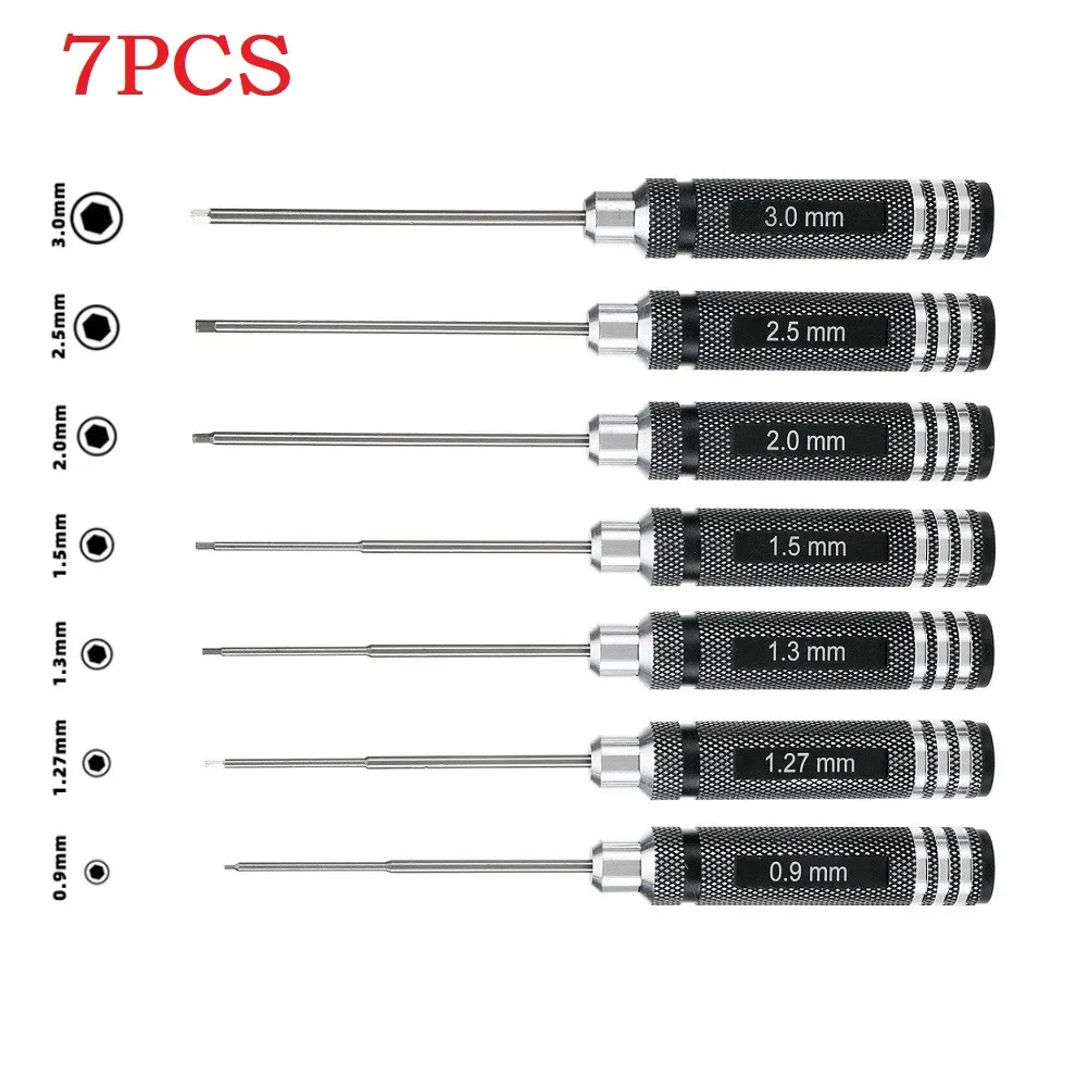 7 sztuk zestaw wkrętaków sześciokątnych klucz sześciokątny śrubokręt aluminiowy uchwyt 0.9/1.27/1.3/1.5/ 2.0/2.5/3.0mm do helikoptera RC