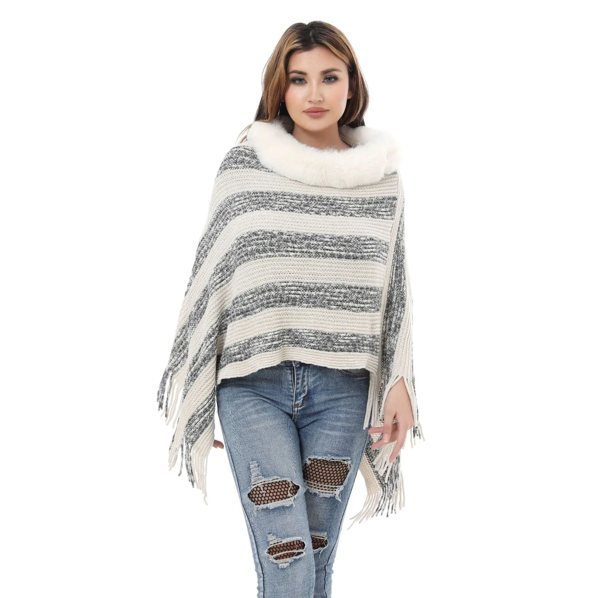 

5 Colors Women O Neck Loose Poncho Cappa Winter Faux Rabbit Fur Tassel Pompo Oversize Striped Knitted ullover Shawl Coat