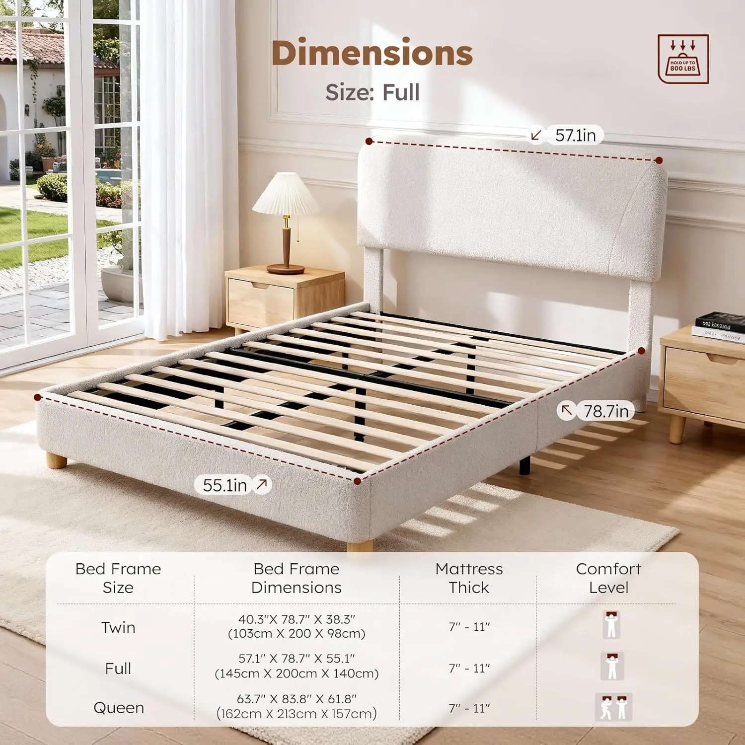 Full Size Cloud Bed Frame, Upholstered Boucle Bed Frame with Adjustable Headboard, Solid Wood Legs, Rounded Corners Design & Eas