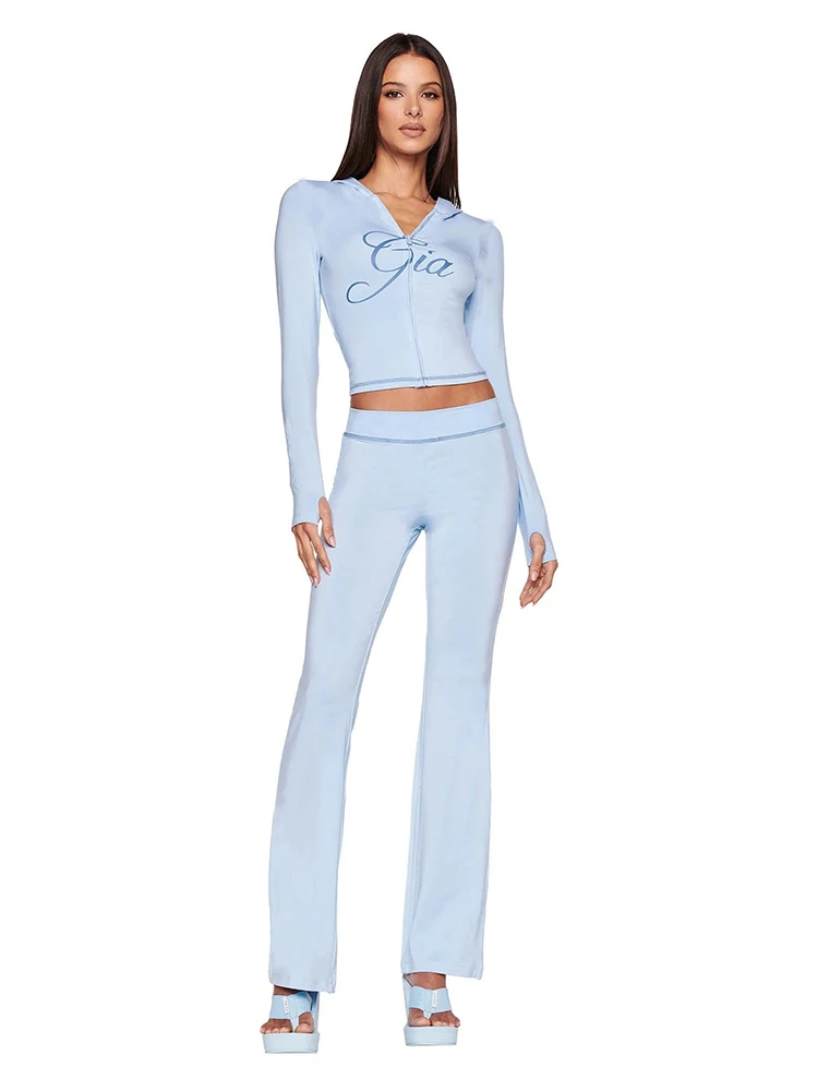 

Slim shoulder monogram print bright thread design slim hooded zipper short jacket trouser suit