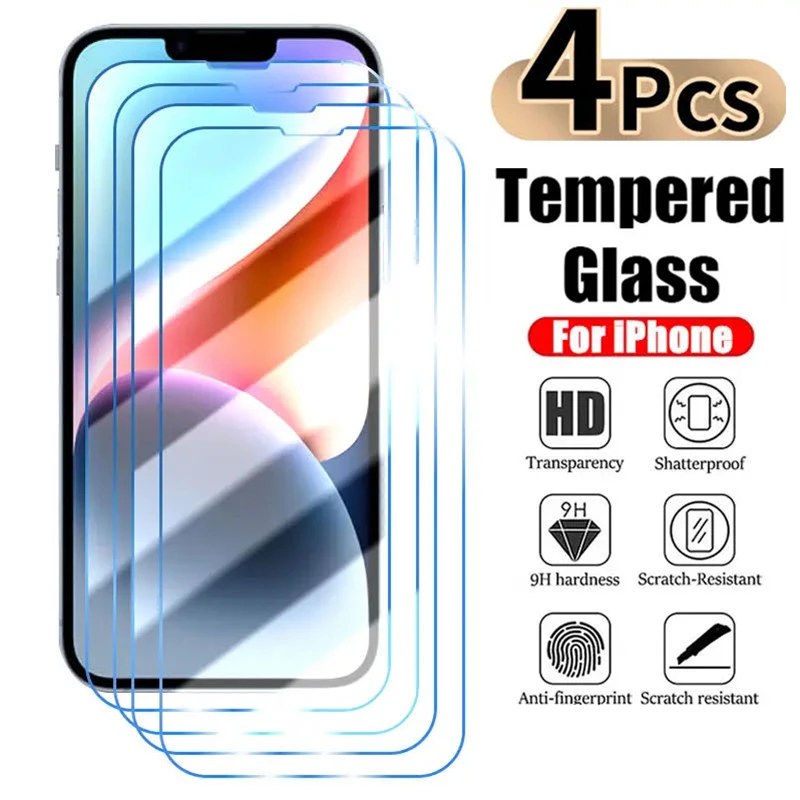 

4PCS Screen Protector for iPhone 16 14 13 12 11 Pro Max Mini Protective Glass for iPhone X XR XS Max 15 PLUS Tempered Glass