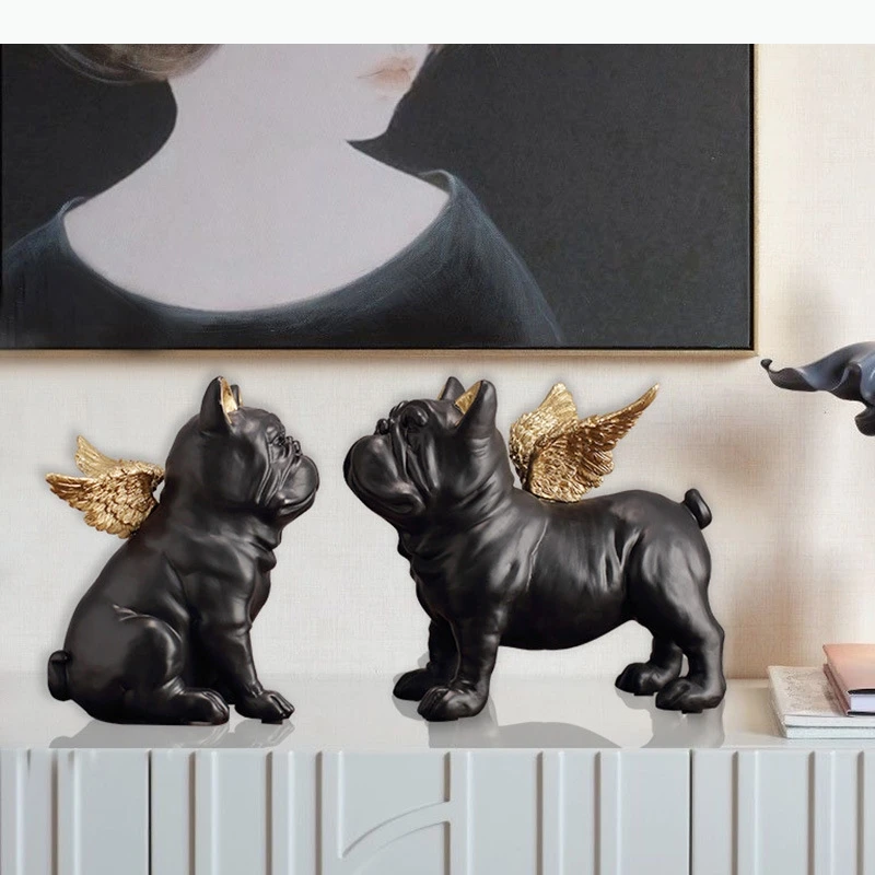 Resin Crafts Ornaments Animal Sculpture Angel Puppy French Dog Statue Desktop Crafts Decoration Ornaments Two-piece Suit