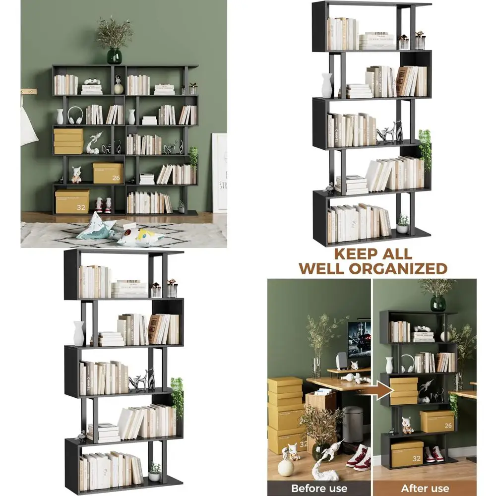 

5-Tier Geometric S-Shaped Bookshelf, Wooden Storage Display Shelves, Modern Tall Bookcase for Living Room and Bedroom, Black