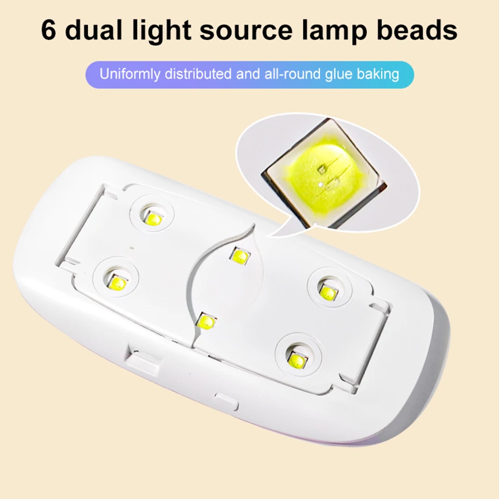 6W Mini Nail Drying Lamp Portable 6 LED UV Nail Art Lamp for Drying Polish Varnish Gel with USB Cord Home Nail Lamp Tool