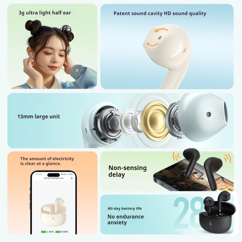 Edifier Atombuds Plus Wireless Earphones Semi In Ear 13mm Hi-Fi Sound Quality High-Definition Call Bluetooth 5.4 Game Earphones