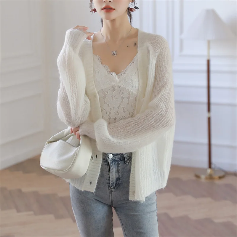 

Women Mohair Knitted Cardigan Jumper Solid Sweater V Neck Long Sleeve Single Breasted Loose Thin Office Lady Casual 2025 Autumn