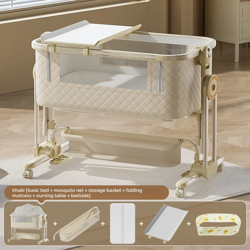 다기능 아기 침대 바퀴 달린 기저귀 교환대 알루미늄 합금 접이식 휴대용 요람 신생아 연결 침대