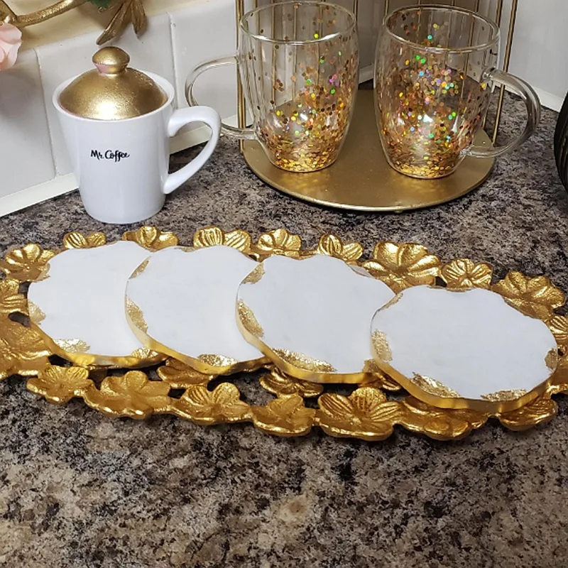 Handmade White Marble Cup Mat Aesthetic Room Decoration Gold Plated Round Square Edged Coaster Minimalist Luxury Wedding Gifts