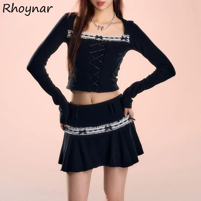 Square Collar Sets Women Lace Patchwork Bow Long Sleeve Tops Fungus High Waist Pleated Streetwear Casual Daily College Hotsweet