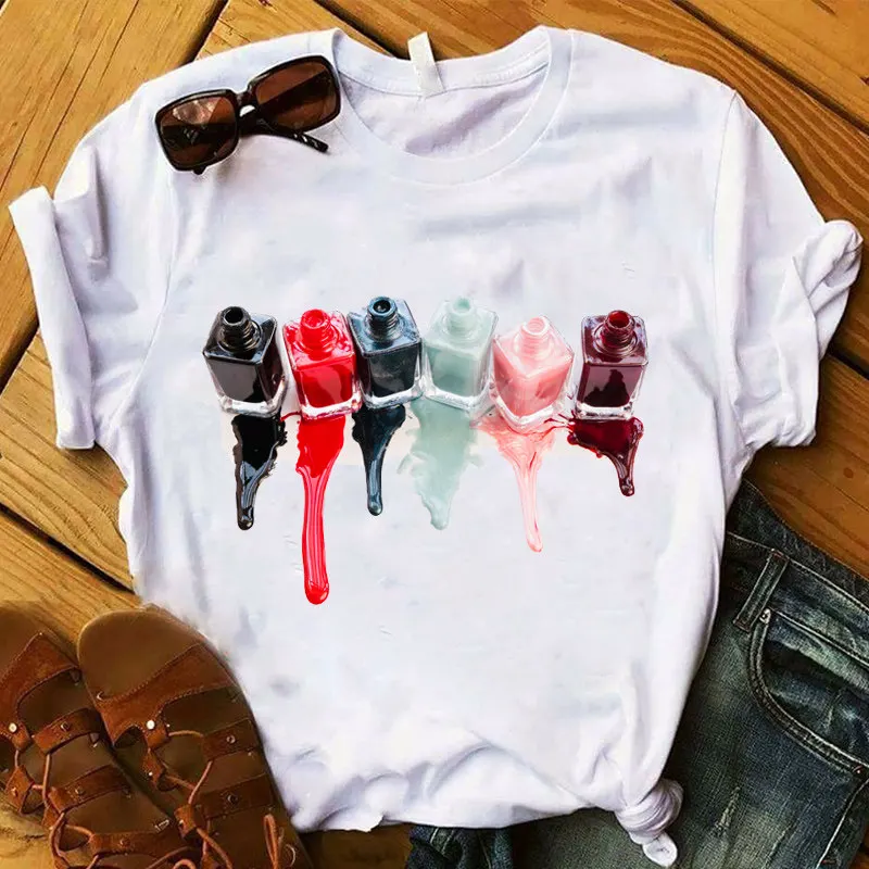 Europe and America Nail Polish Bottle Cotton Printed Children's T-shirt New Fashion Trend Parent-child Outfit Short Sleeve