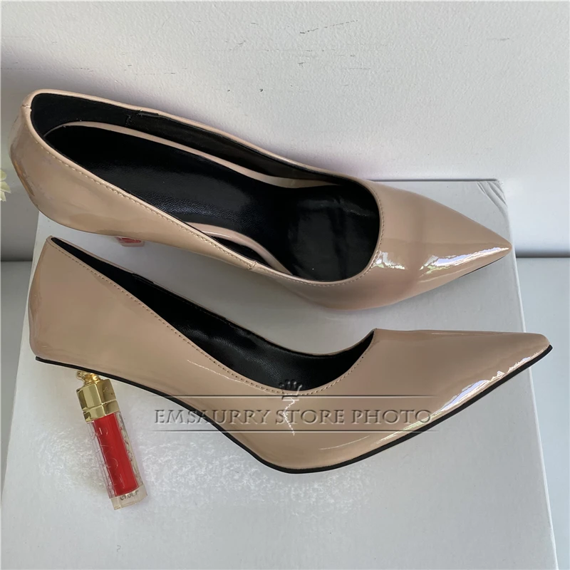 Novelty Carved Lipstick Heel Women Pumps Luxury Patent Leather Sexy Point Toe Slim Dress Shoes For Girls Spring