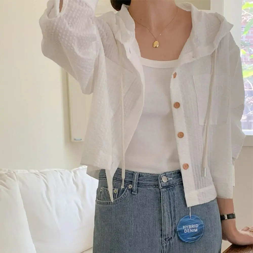 

Fashion Single-breasted Striped Blouse Short Loose Hoodie Contrast Color Sun Protection Jacket For Women Girl