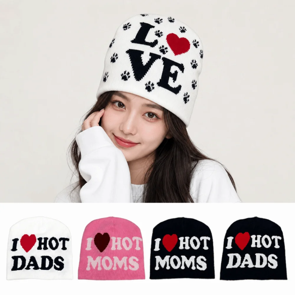 New I Love Hot Moms/dads Printed Knitted Hats Windproof Casual Beanie Caps Cold Proof Pullover Hat Unisex
