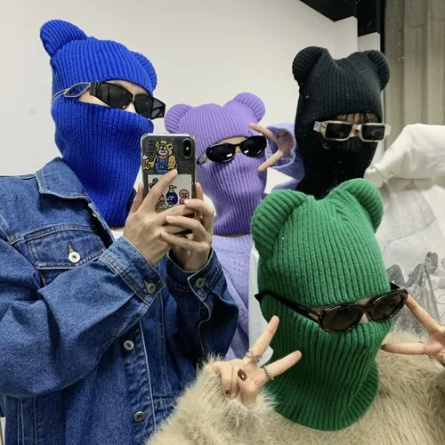 귀신 싱글 홀 바라클라바 니트 풀오버 모자, 남녀공용 방풍 곰 귀, 따뜻한 라이딩 일체형 스카프, 비니 모자, 겨울 신상 