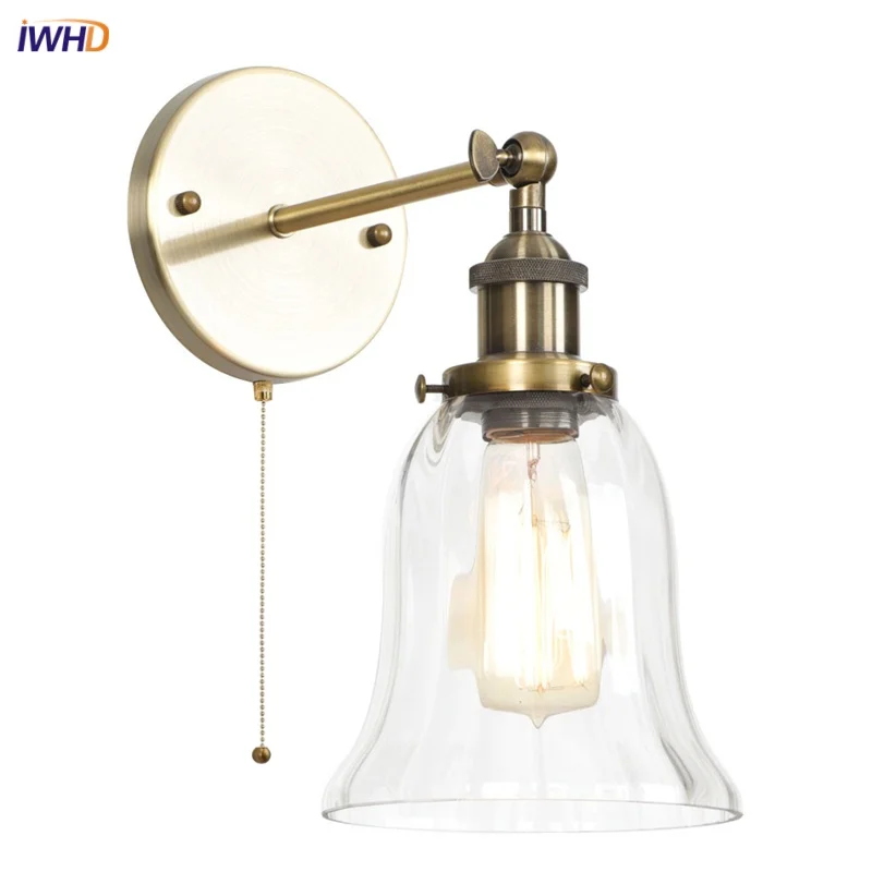 IWHD Industrial Vintage LED Wall Lights Sconce Interior Stair Art Loft Bedside Lamp Pull Chain Switch Glass Country Mirror Light