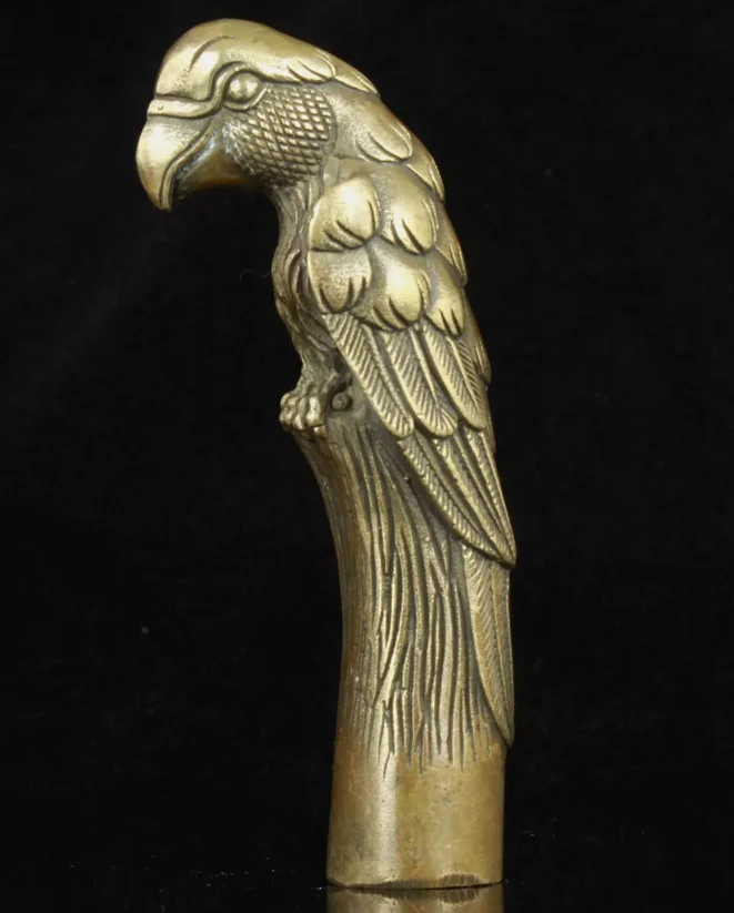 Old Carving Bronze Lifelike eagle Parrot Statue Cane Head Walking Stick Head