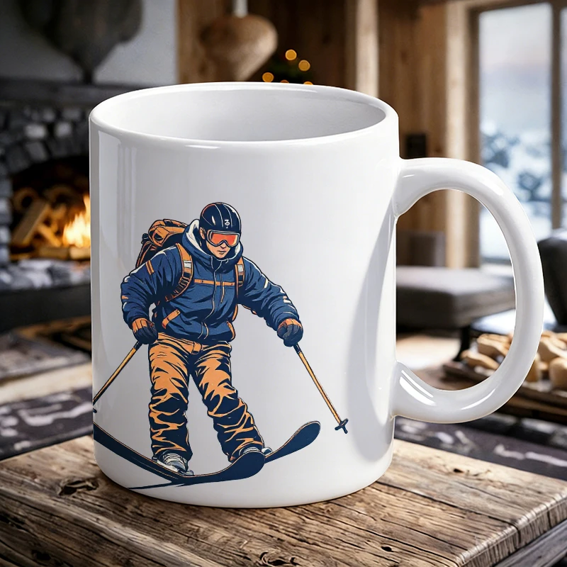 

Skiing illustration ceramic mug, coffee mug, milk mug, office tea cup, drinking cup, a gift for friends, fade-resistant