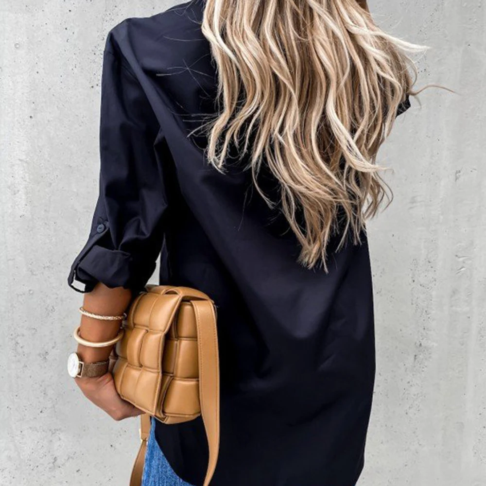 Otoño primavera botón suelto blanco negro blusa Tops Casual mujer OL ropa de trabajo Irregular Blusa de manga larga camisas