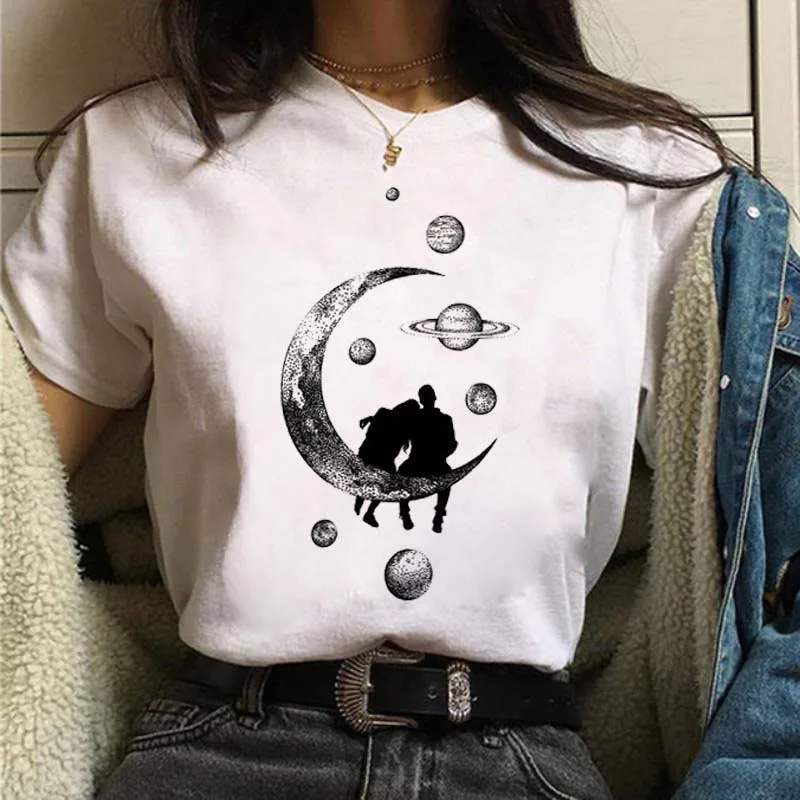 Harajuku Funny 90s Girl Moon Women T Shirt Cartoon Graphic Printed Black Ladies T-shirt Casual Woman Shirt Kawaii Tee Shirt